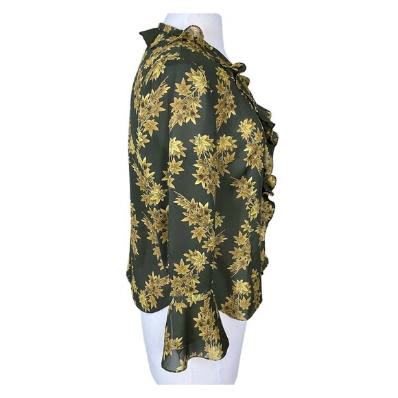 Jones Wear Long Bell Sleeve V-Neck Ruffled Button Front VTG Leaves Blouse 6 - Picture 3 of 8